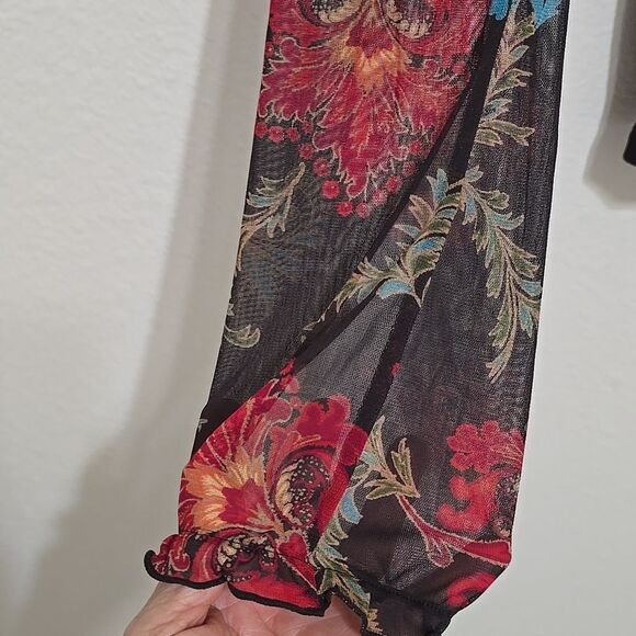 VTG Express Y2K Sheer Stretch Mesh Top Size M Black Re Floral Lettuce Trim Goth - Picture 3 of 9